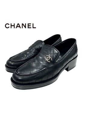 Chanel Loafer Leather Shoes Black Silver Quilted Coco Mark